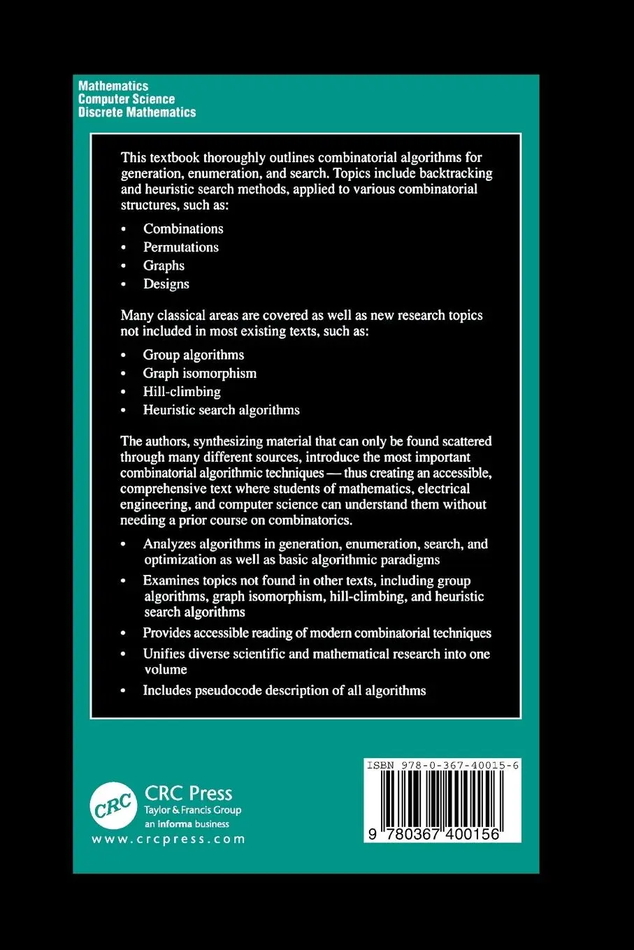 Rückseite: 9780367400156 | Combinatorial Algorithms | Generation, Enumeration, and Search | Buch
