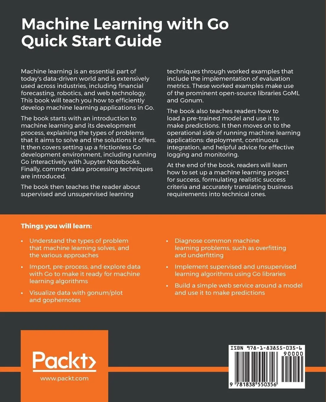 Rückseite: 9781838550356 | Machine Learning with Go Quick Start Guide | Michael Bironneau (u. a.)