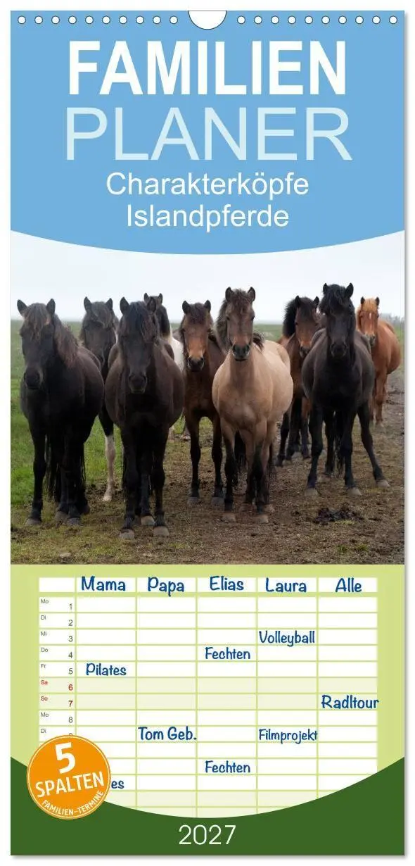 Cover: 9783594340356 | Familienplaner 2027 - Charakterköpfe Islandpferde mit 5 Spalten...