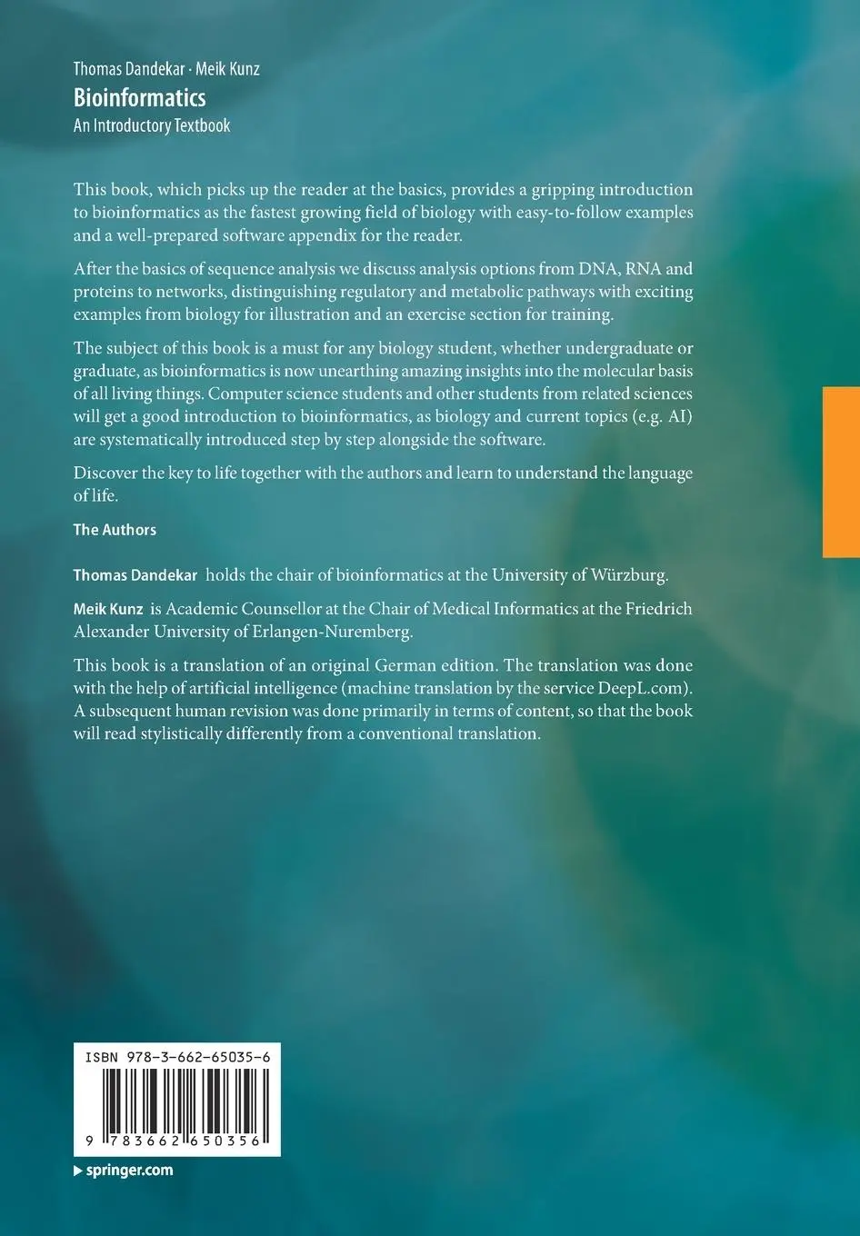 Rückseite: 9783662650356 | Bioinformatics | An Introductory Textbook | Thomas Dandekar (u. a.)