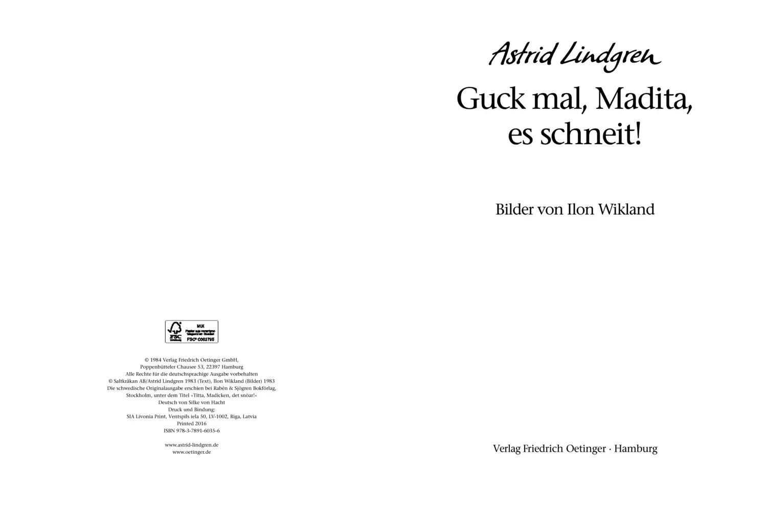 Bild: 9783789160356 | Guck mal, Madita, es schneit! | Astrid Lindgren | Buch | Madita | 1984