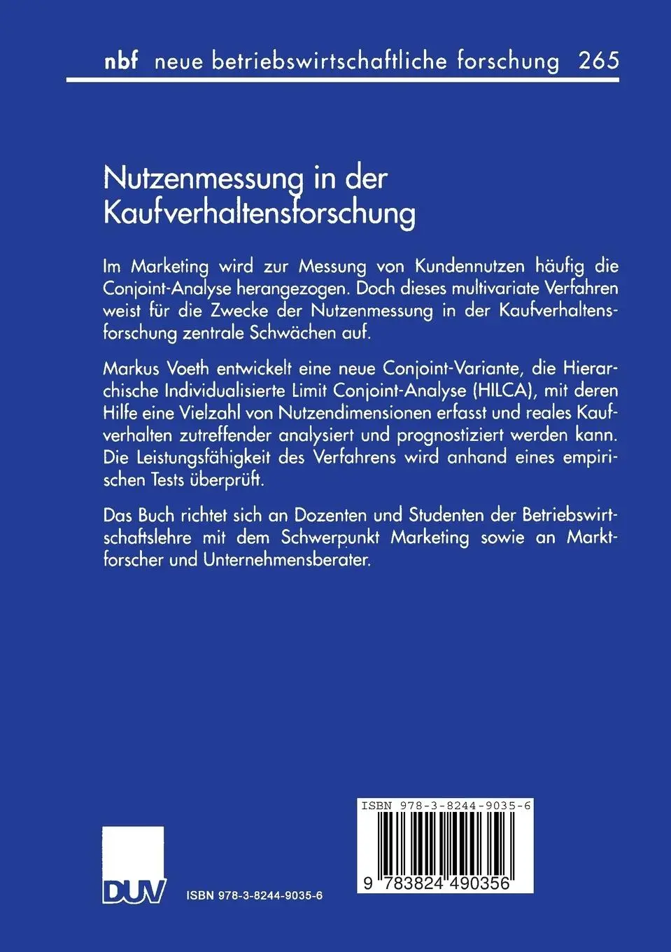 Rückseite: 9783824490356 | Nutzenmessung in der Kaufverhaltensforschung | Markus Voeth | Buch