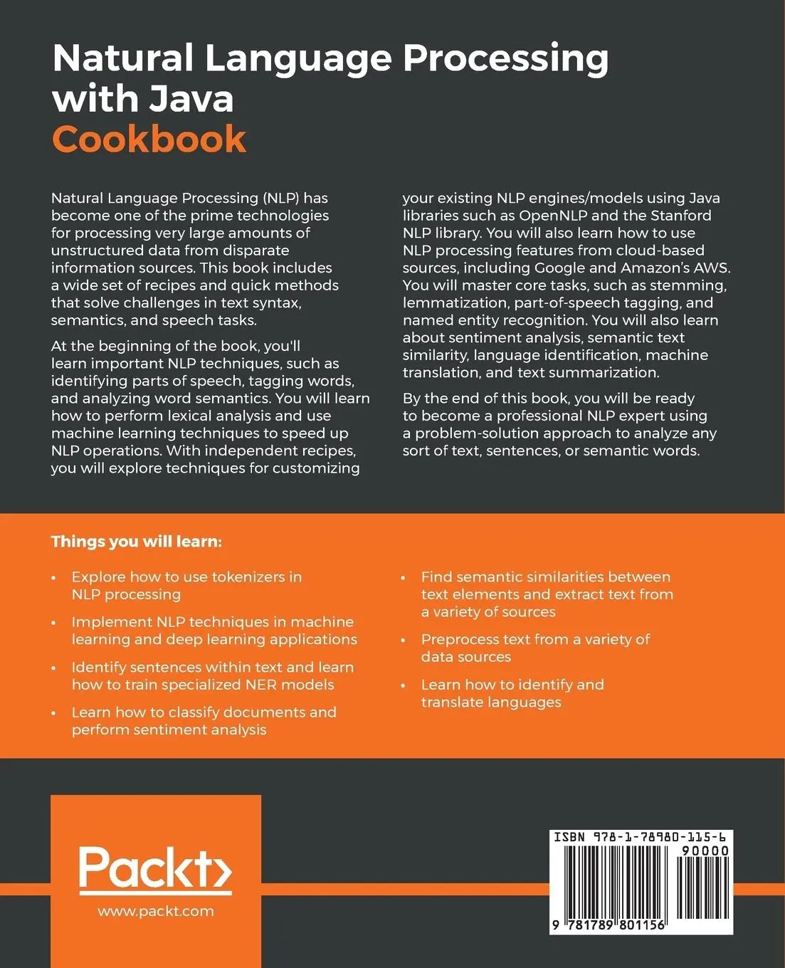 Rückseite: 9781789801156 | Natural Language Processing with Java Cookbook | Richard M. Reese