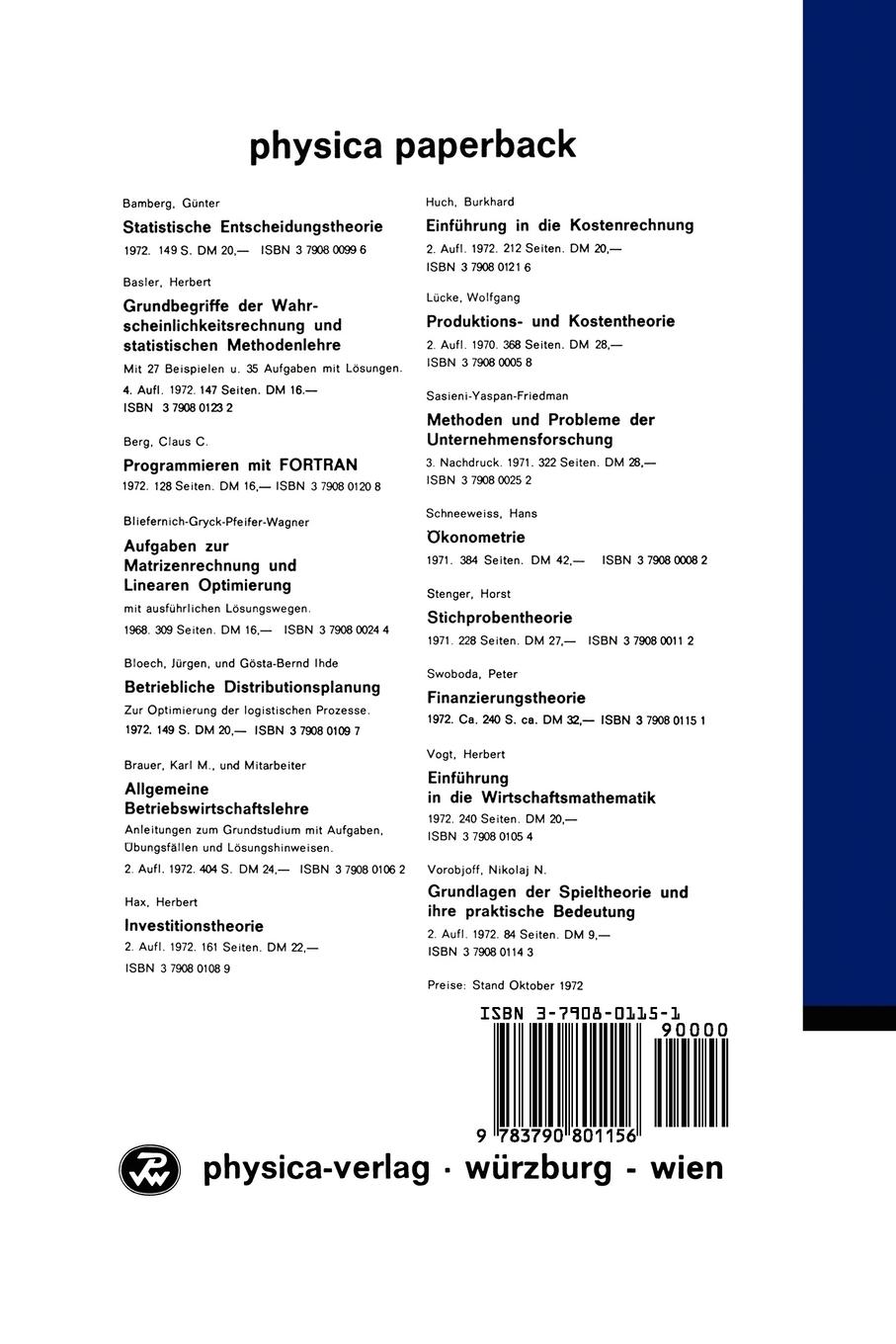 Rückseite: 9783790801156 | Finanzierungstheorie | Peter Swoboda | Taschenbuch | Deutsch | Physica