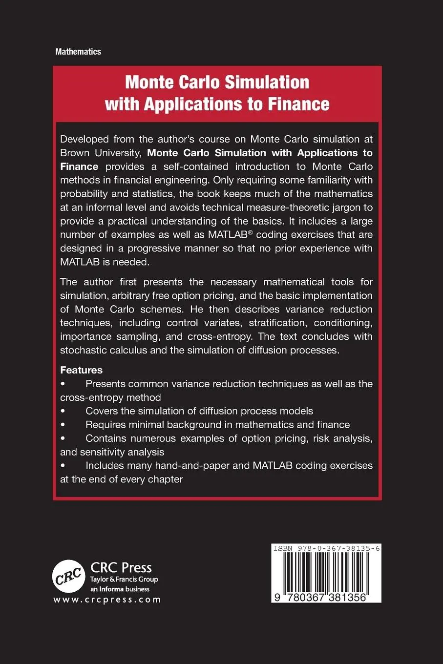 Rückseite: 9780367381356 | Monte Carlo Simulation with Applications to Finance | Hui Wang | Buch