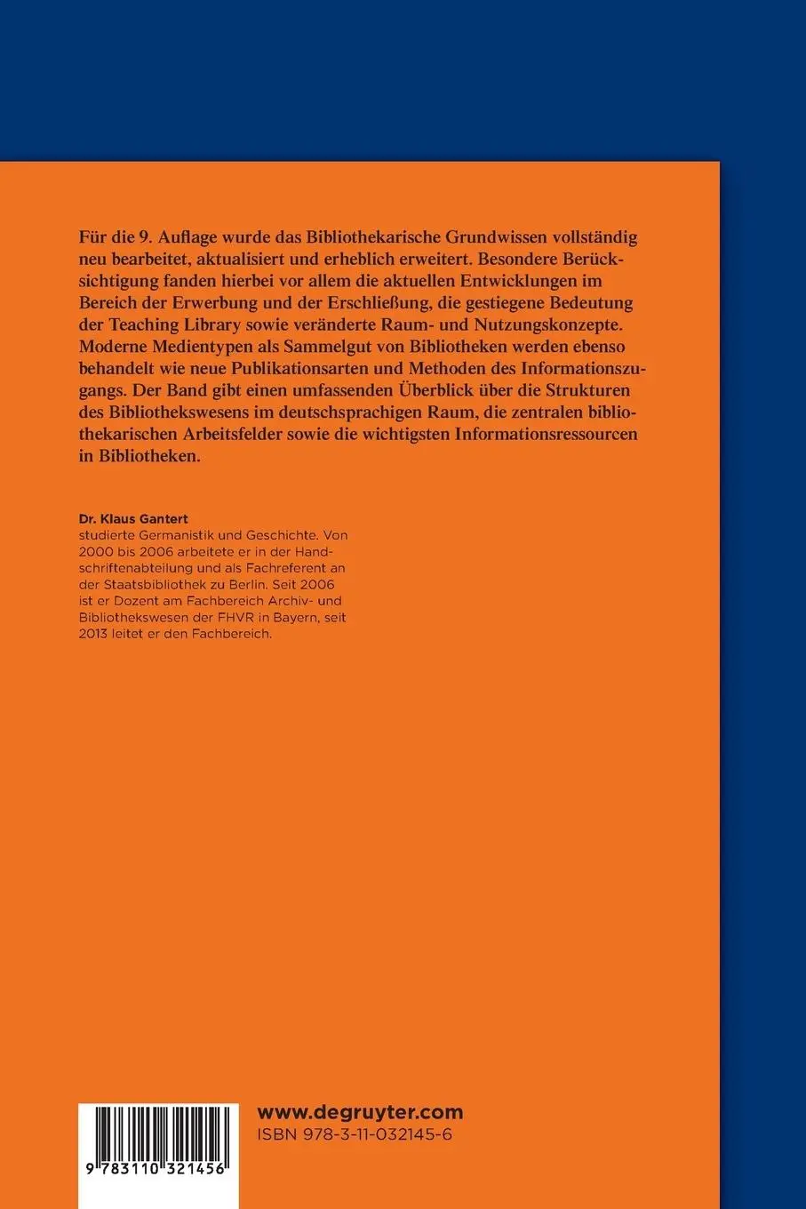 Rückseite: 9783110321456 | Bibliothekarisches Grundwissen | Klaus Gantert | Taschenbuch | X