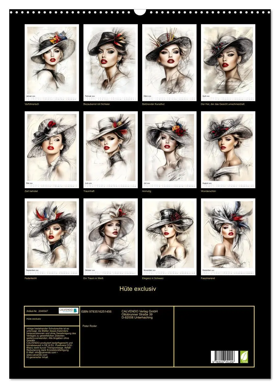 Bild: 9783516251456 | Hüte exclusiv (Wandkalender 2026 DIN A2 hoch), CALVENDO Monatskalender