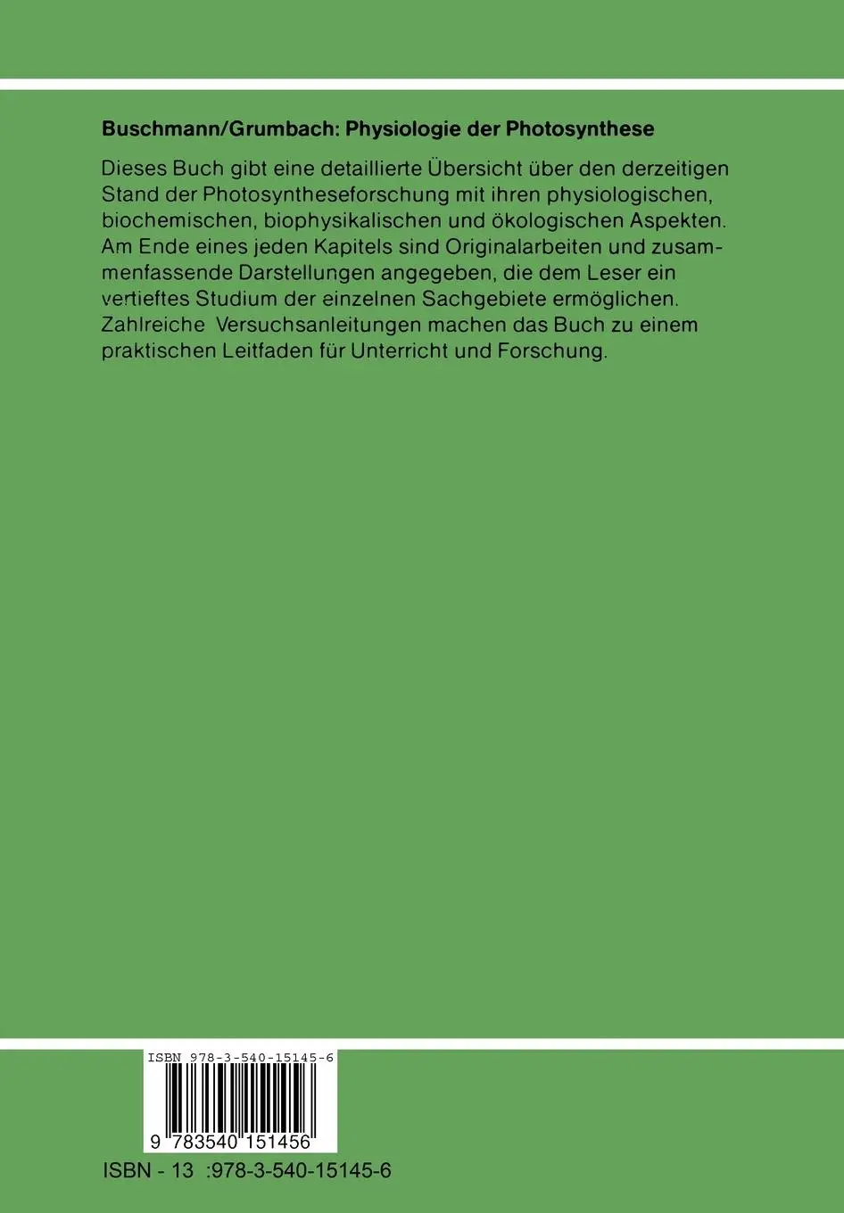 Rückseite: 9783540151456 | Physiologie der Photosynthese | K. Grumbach (u. a.) | Taschenbuch | x