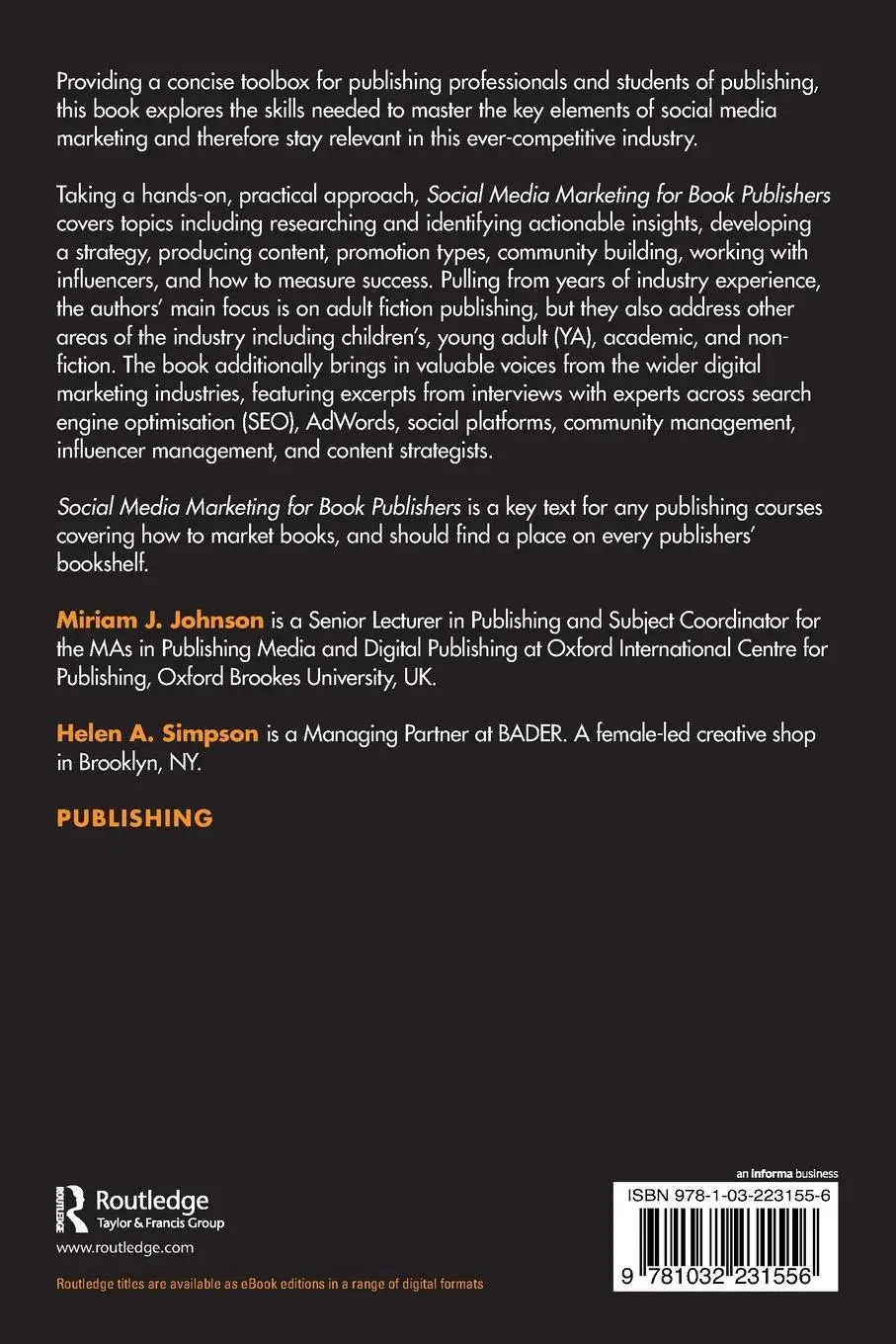 Rückseite: 9781032231556 | Social Media Marketing for Book Publishers | Miriam J. Johnson (u. a.)