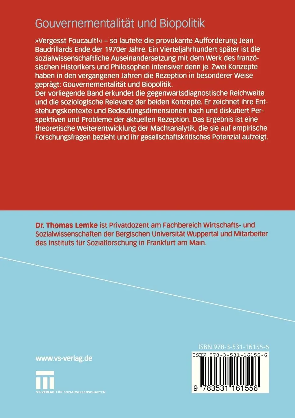 Rückseite: 9783531161556 | Gouvernementalität und Biopolitik | Thomas Lemke | Taschenbuch | 2008