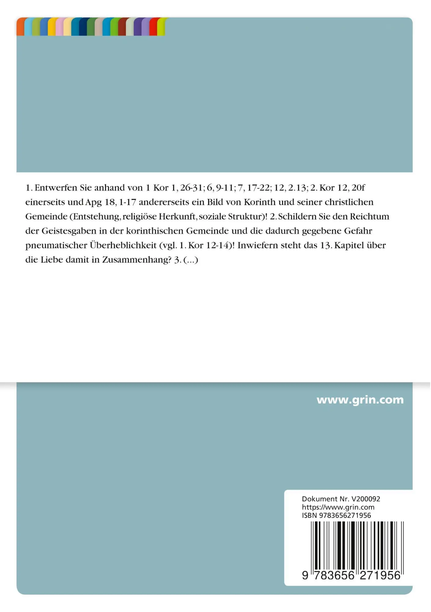 Rückseite: 9783656271956 | Arbeitsfragen zum Paulus | Rex-Oliver Funke | Taschenbuch | 24 S.