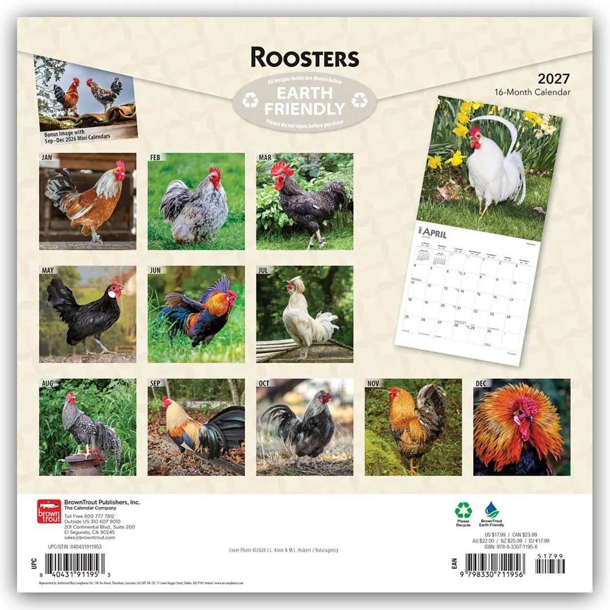 Rückseite: 9798330711956 | Roosters - Hähne 2027 - 16-Monatskalender | Browntrout Publishers