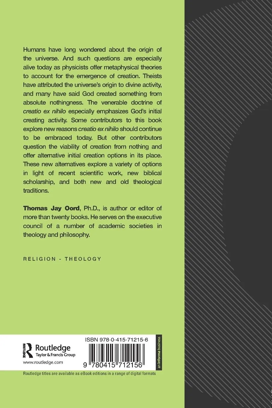 Rückseite: 9780415712156 | Theologies of Creation | Creatio Ex Nihilo and Its New Rivals | Oord