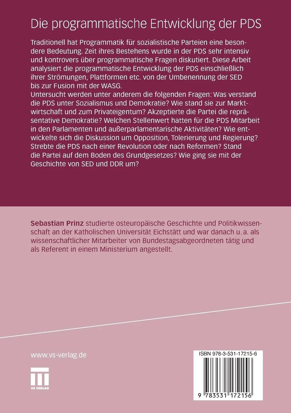 Rückseite: 9783531172156 | Die programmatische Entwicklung der PDS | Sebastian Prinz | Buch