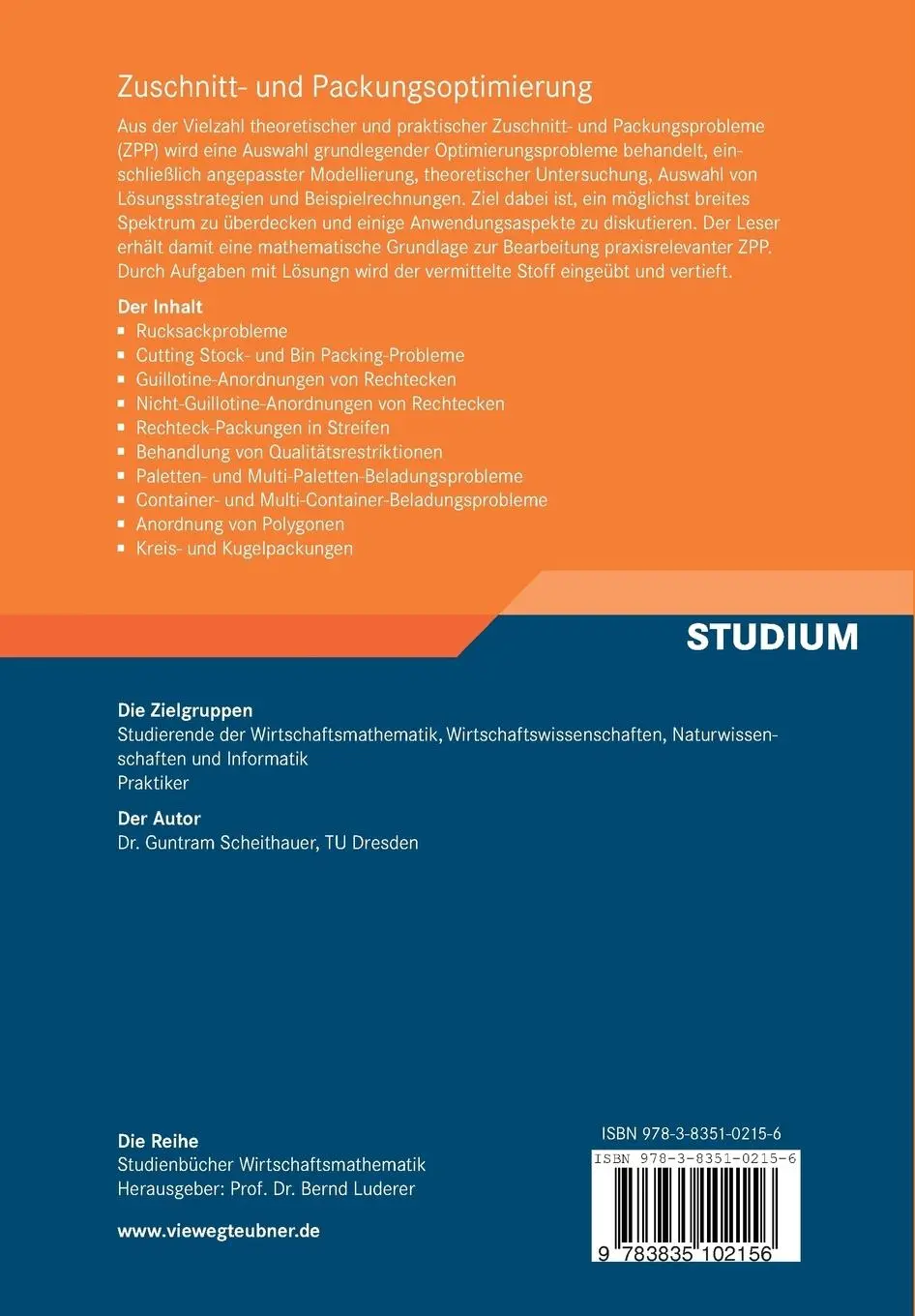 Rückseite: 9783835102156 | Zuschnitt- und Packungsoptimierung | Guntram Scheithauer | Taschenbuch