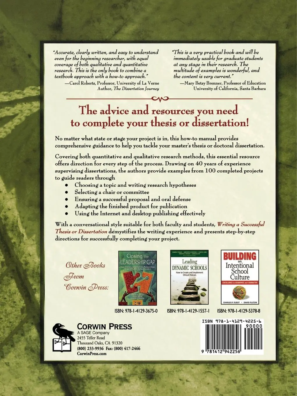Rückseite: 9781412942256 | Writing a Successful Thesis or Dissertation | Beverly J. Irby (u. a.)