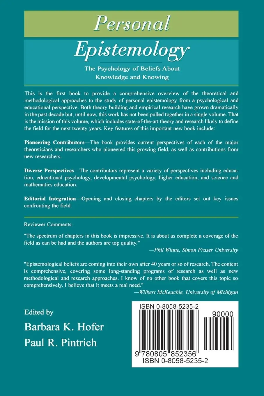 Rückseite: 9780805852356 | Personal Epistemology | Barbara K. Hofer (u. a.) | Taschenbuch | 2004