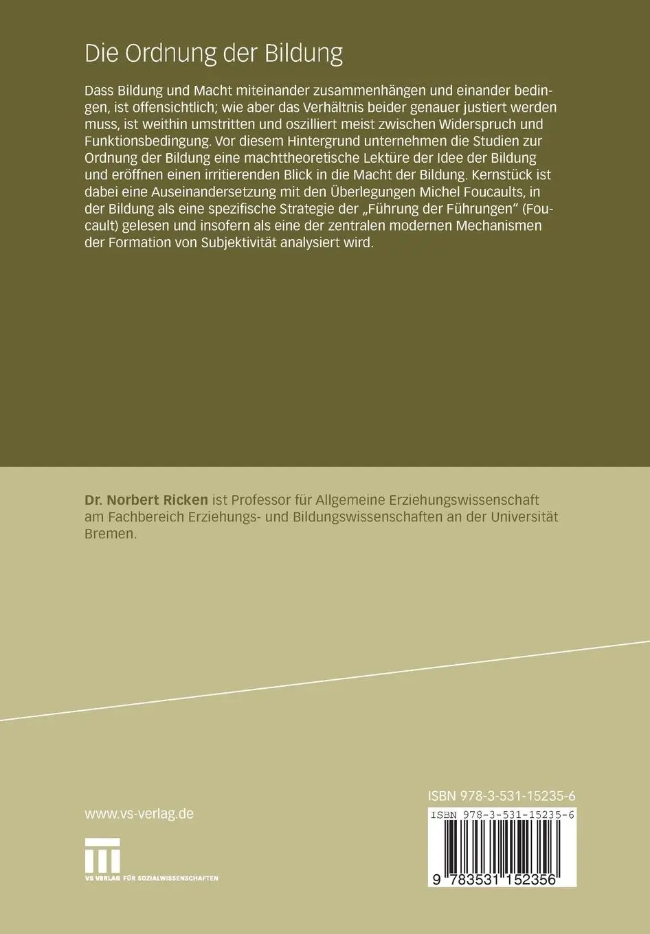 Rückseite: 9783531152356 | Die Ordnung der Bildung | Beiträge zu einer Genealogie der Bildung