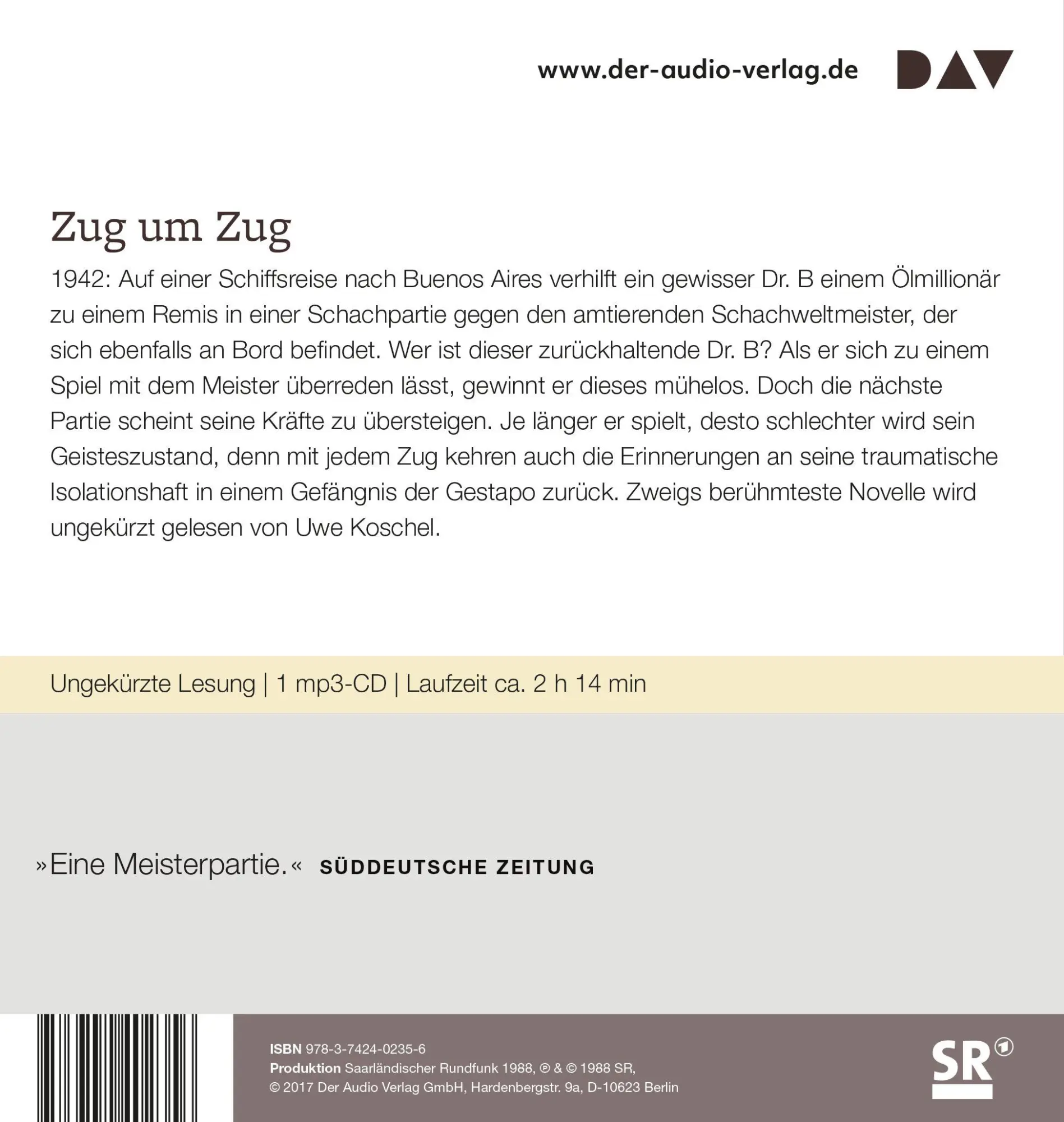 Rückseite: 9783742402356 | Schachnovelle | Ungekürzte Lesung | Stefan Zweig | MP3 | 134 Min.