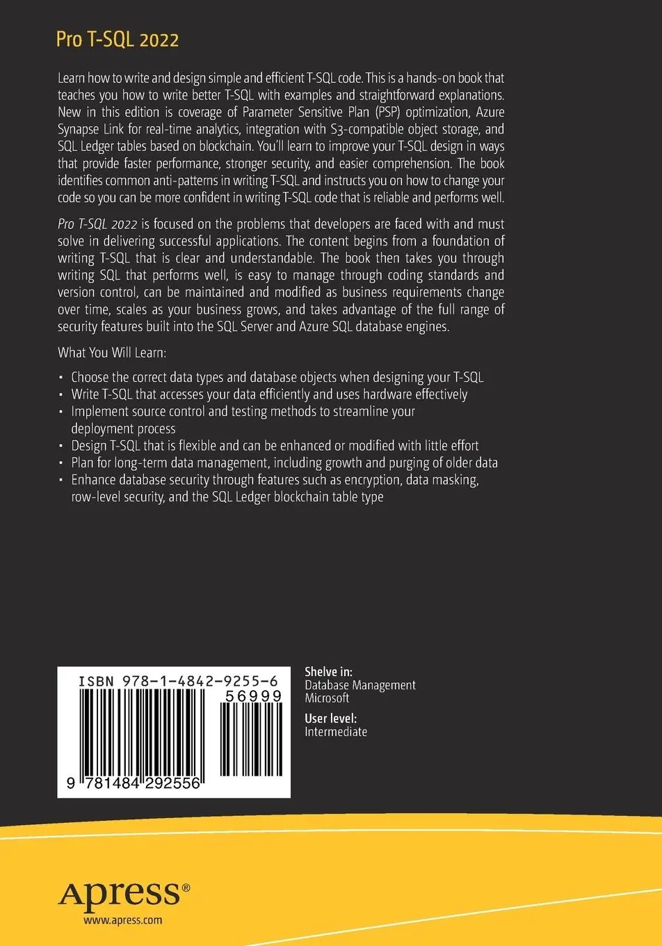 Rückseite: 9781484292556 | Pro T-SQL 2022 | Elizabeth Noble | Taschenbuch | xvii | Englisch