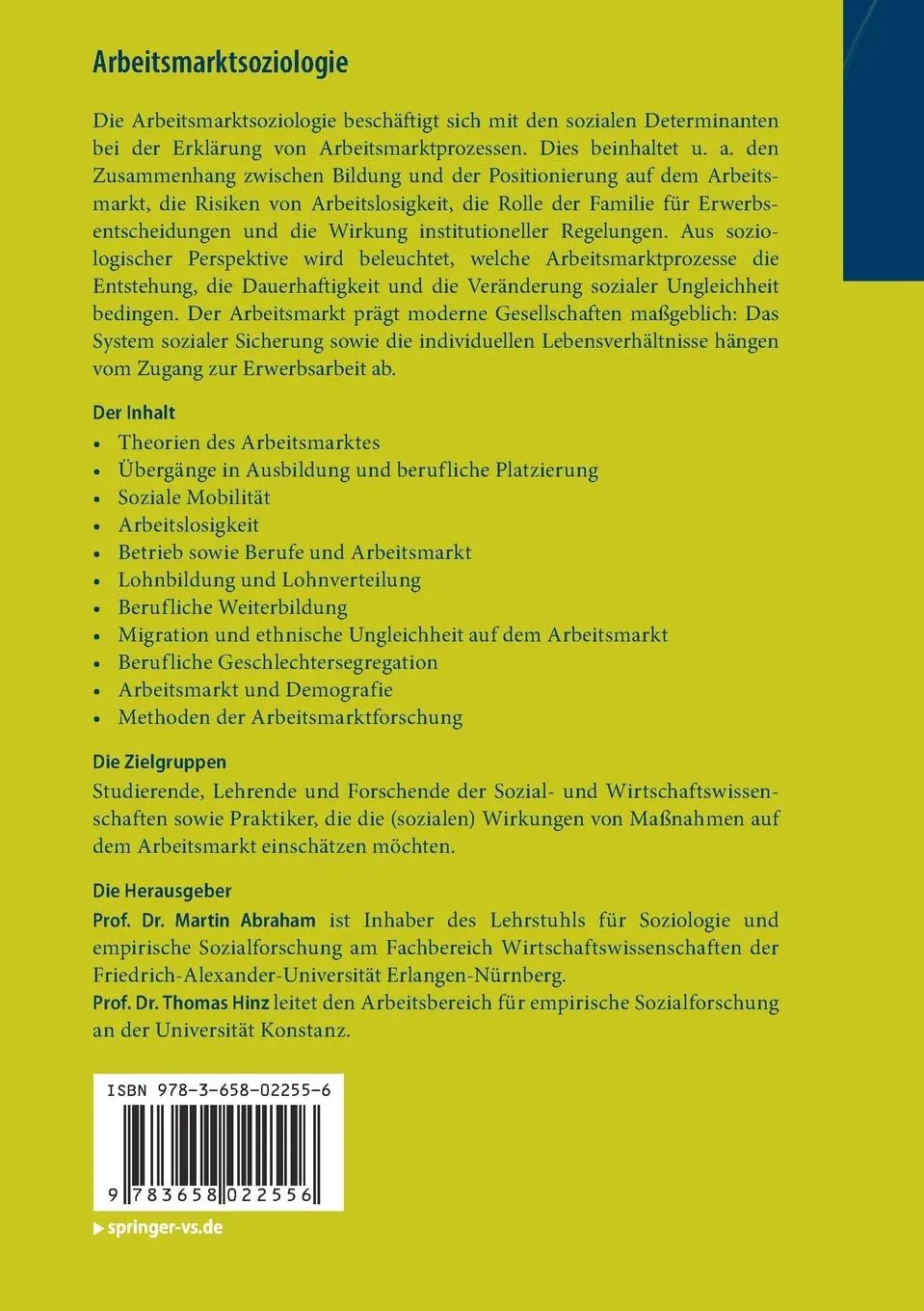 Rückseite: 9783658022556 | Arbeitsmarktsoziologie | Probleme, Theorien, empirische Befunde | Buch
