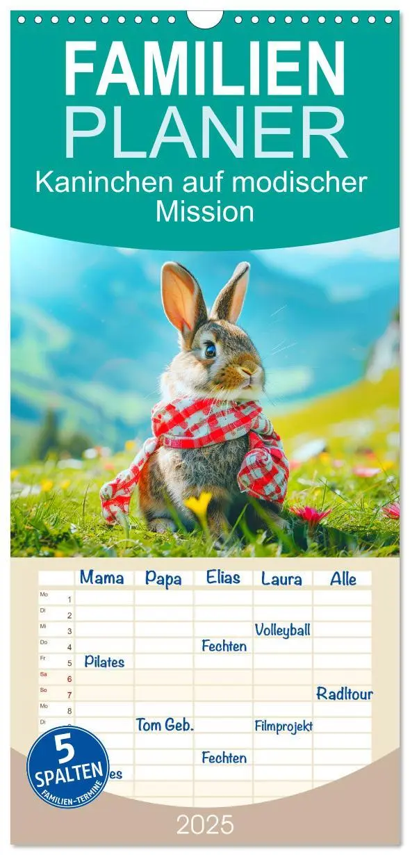 Cover: 9783457192856 | Familienplaner 2025 - Kaninchen auf modischer Mission mit 5 Spalten...