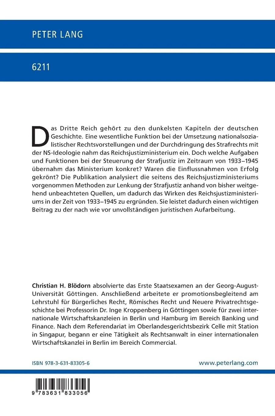 Rückseite: 9783631833056 | Die Lenkung der Strafjustiz durch das Reichsjustizministerium im...