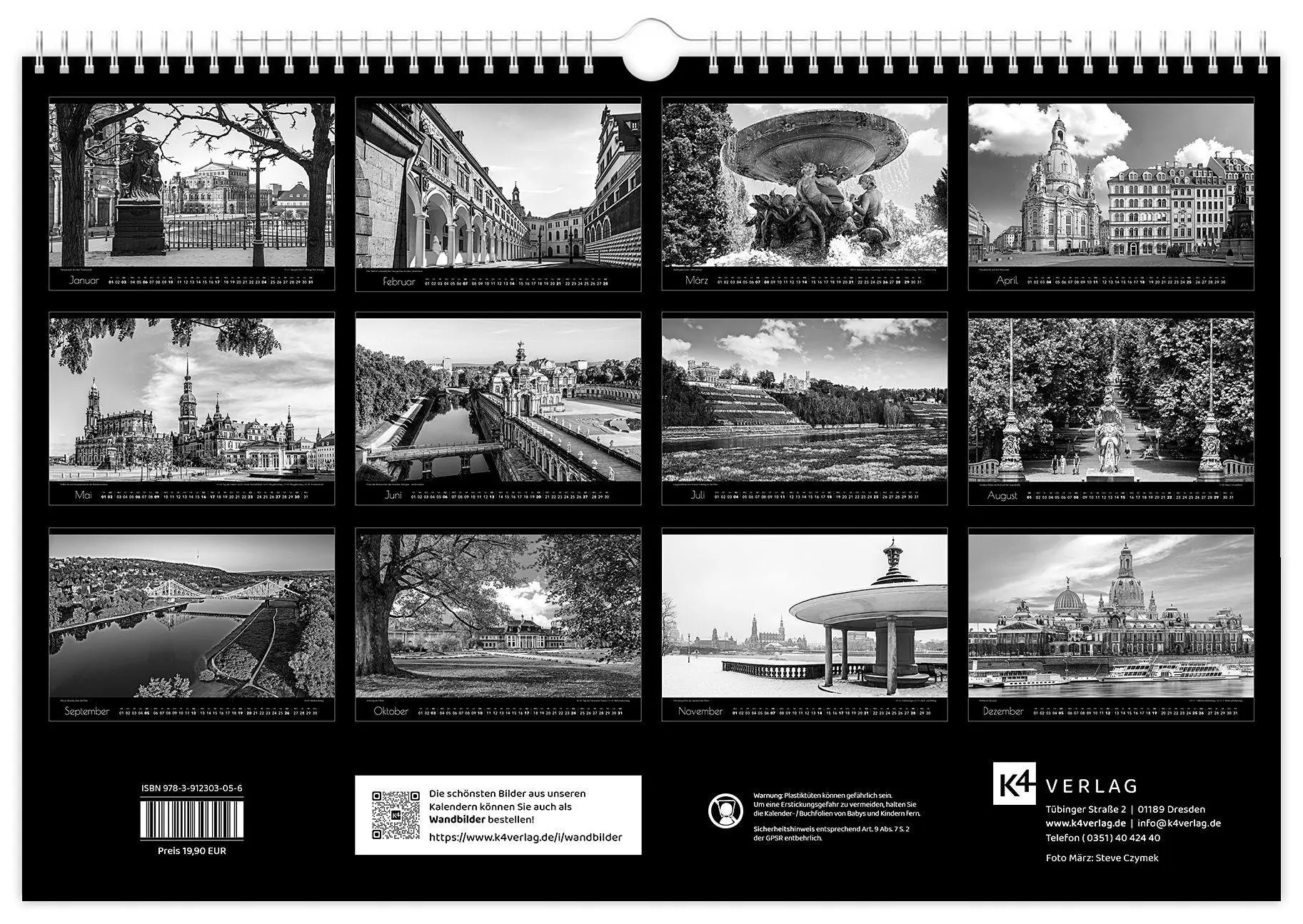 Bild: 9783912303056 | Kalender Dresden schwarz / weiß 2027 | 45 x 30 cm weißes Kalendarium