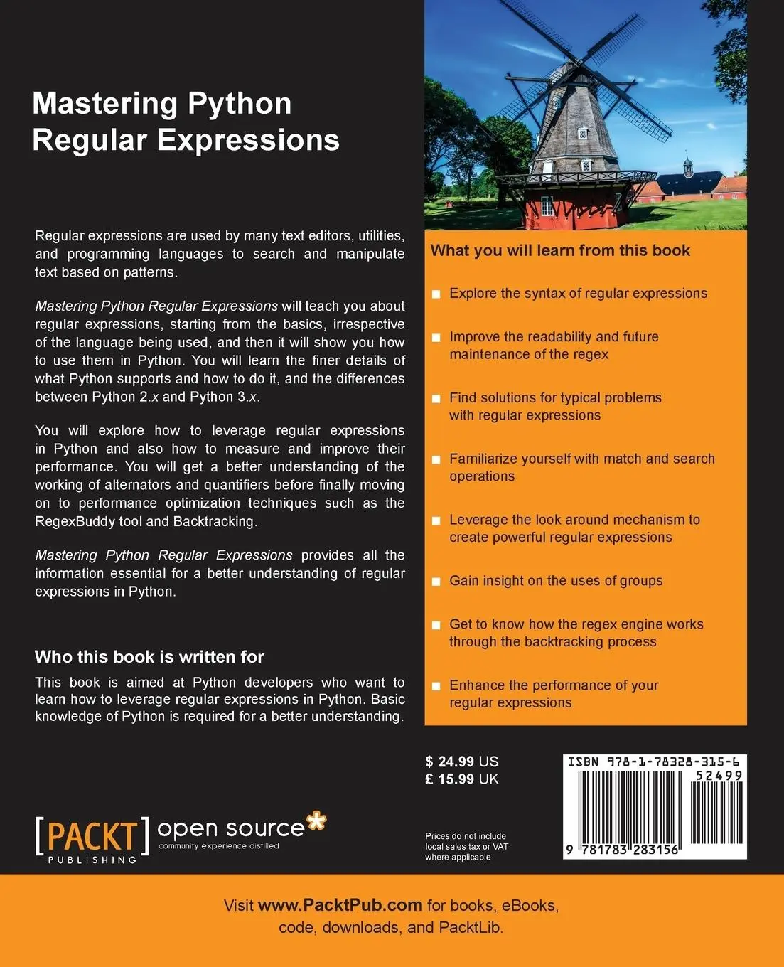 Rückseite: 9781783283156 | Mastering Python Regular Expressions | Felix Lopez (u. a.) | Buch