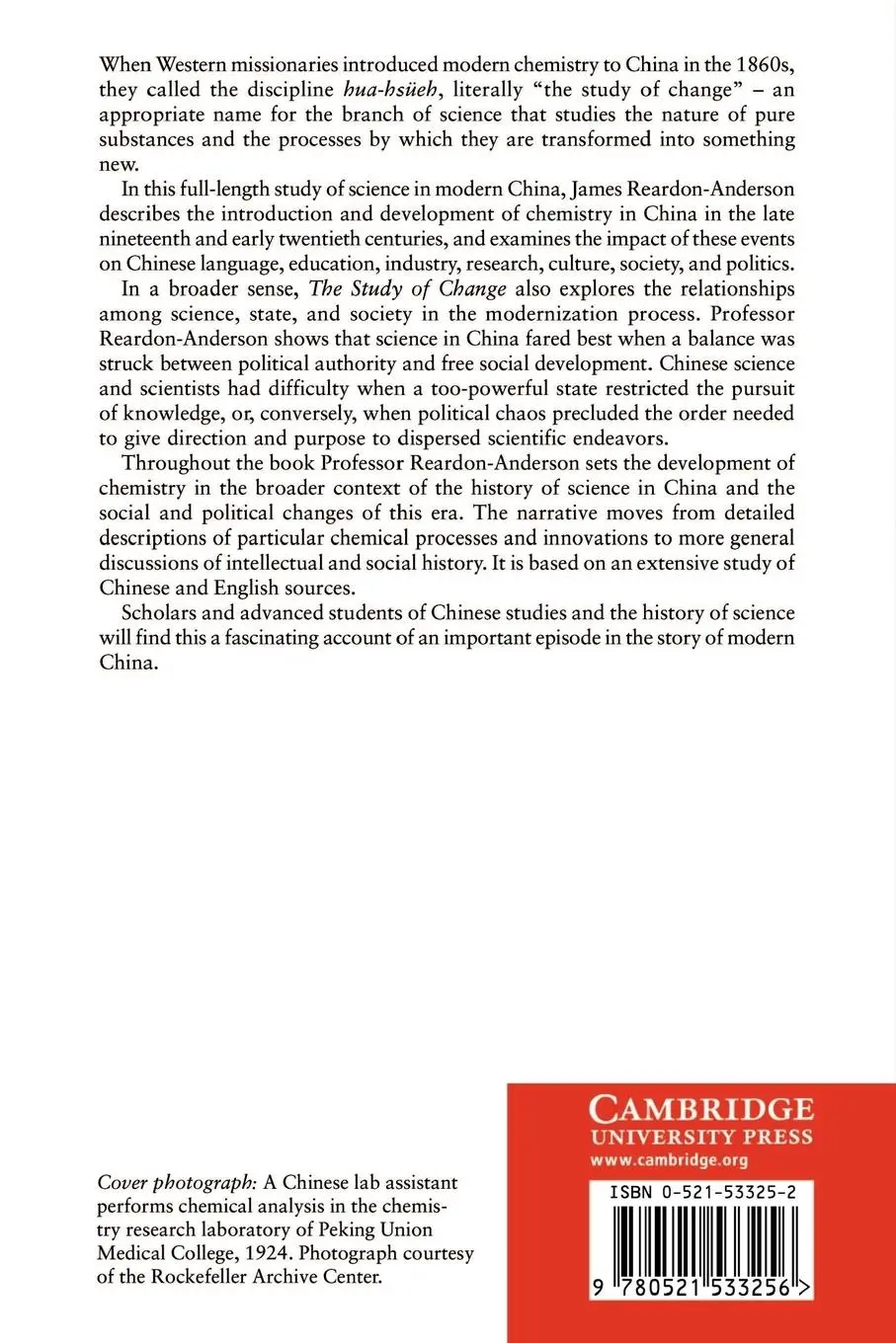 Rückseite: 9780521533256 | The Study of Change | Chemistry in China, 1840 1949 | Reardon-Anderson