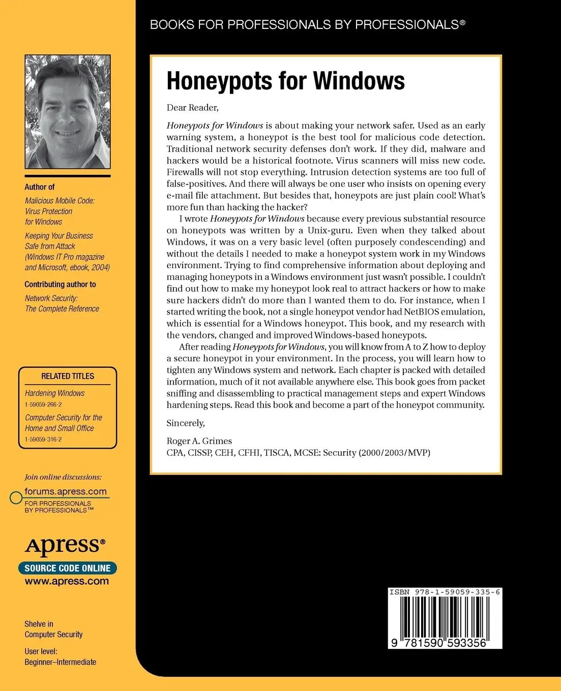 Rückseite: 9781590593356 | Honeypots for Windows | Roger A. Grimes | Taschenbuch | 424 S. | 2005