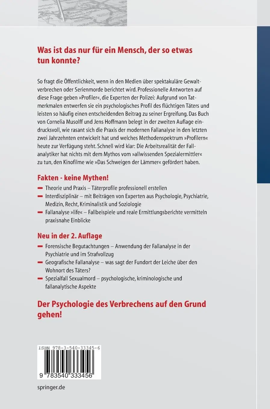Rückseite: 9783540333456 | Täterprofile bei Gewaltverbrechen | Jens Hoffmann (u. a.) | Buch | xv