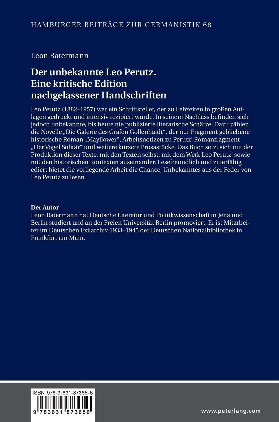 Rückseite: 9783631873656 | Der unbekannte Leo Perutz. Eine kritische Edition nachgelassener...
