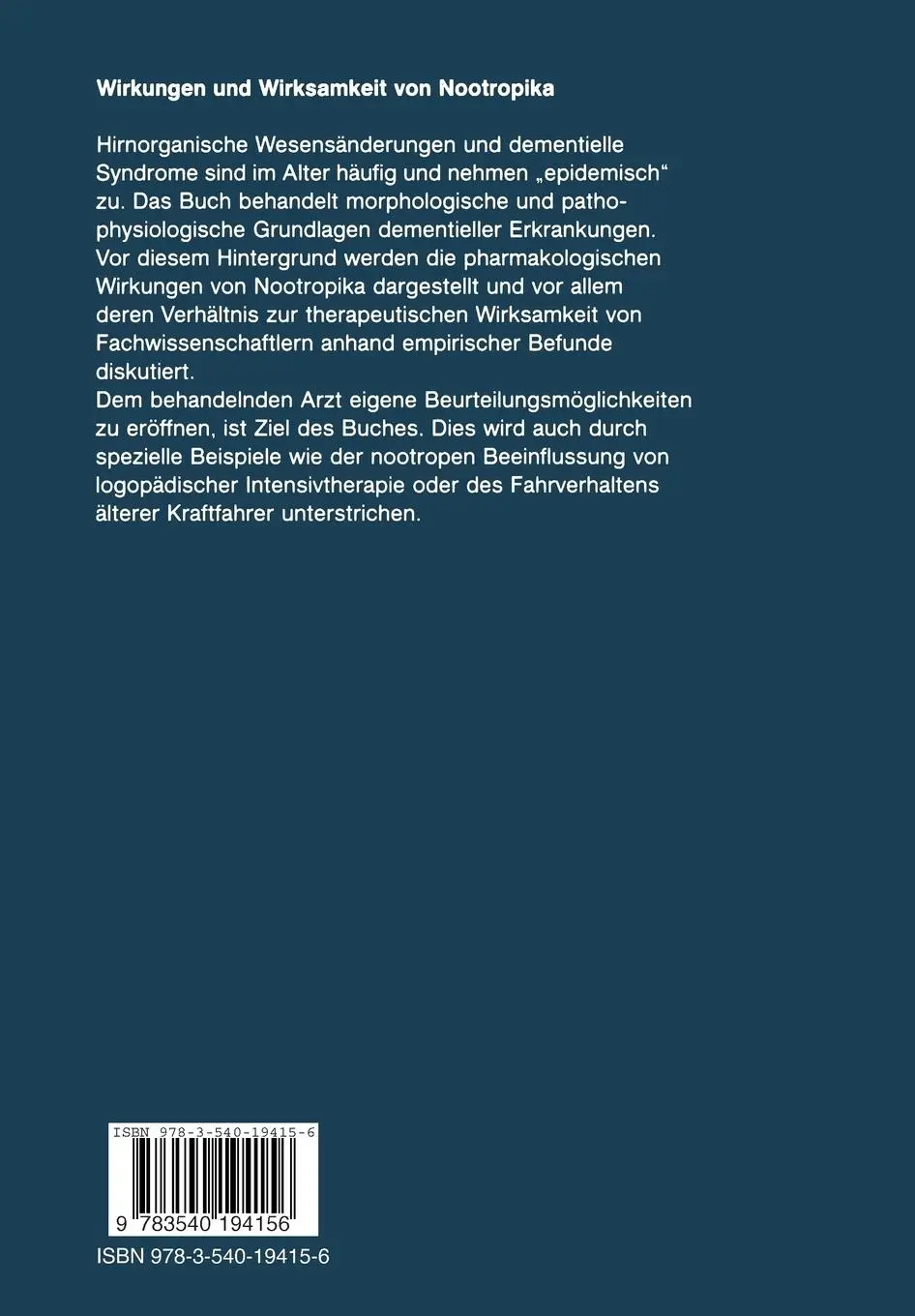 Rückseite: 9783540194156 | Wirkungen und Wirksamkeit von Nootropika | Hanfried Helmchen | Buch