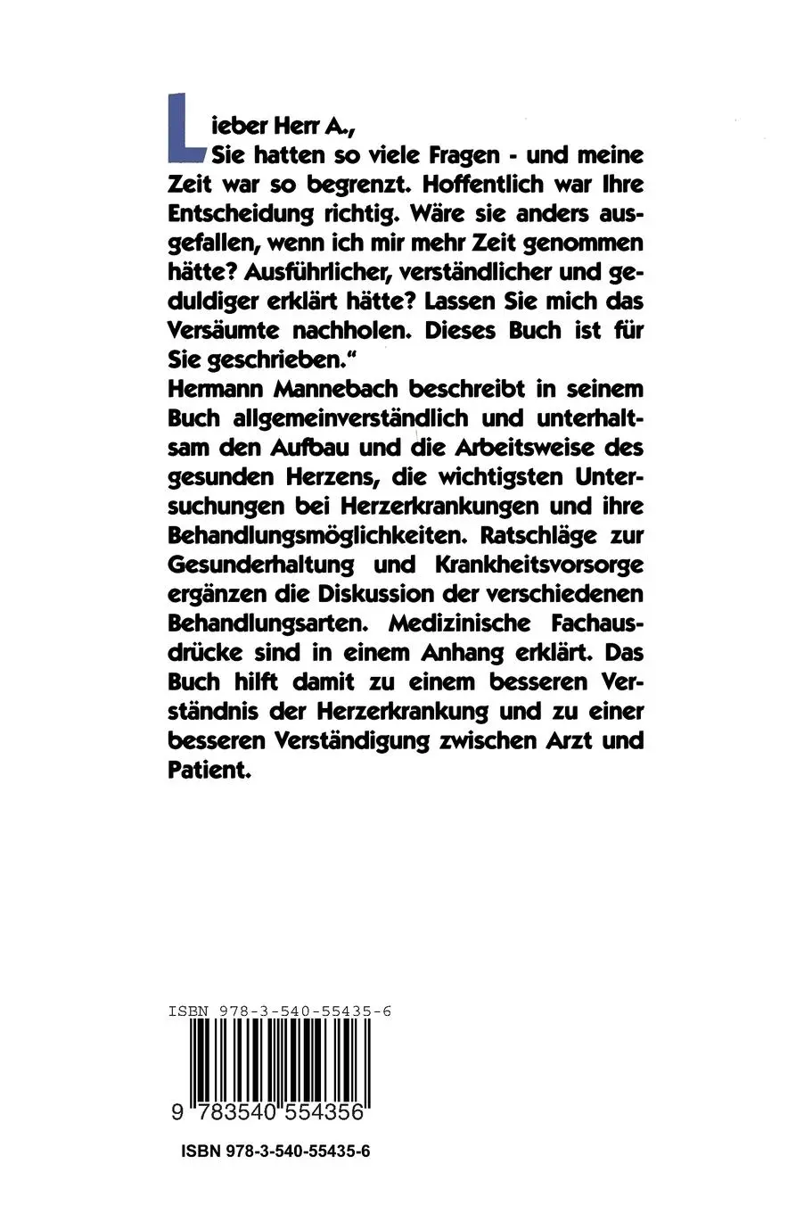 Rückseite: 9783540554356 | Das Herz | Hilfen für Gesunde und Kranke | Hermann Mannebach | Buch