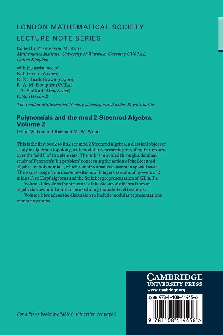 Rückseite: 9781108414456 | Polynomials and the mod 2 Steenrod Algebra | Grant Walker (u. a.)