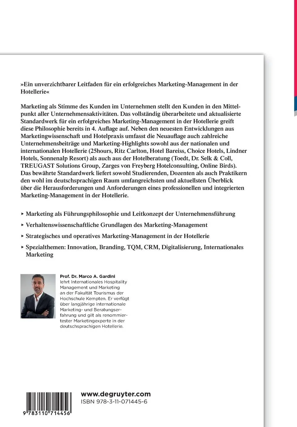 Rückseite: 9783110714456 | Marketing-Management in der Hotellerie | Marco A. Gardini | Buch | XII