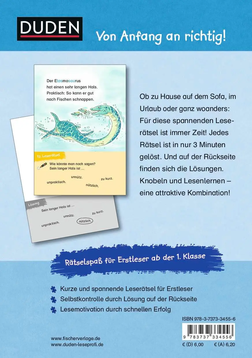 Rückseite: 9783737334556 | Duden Leseprofi - 3-Minuten-Leserätsel für Erstleser: Vorsicht, Dinos!