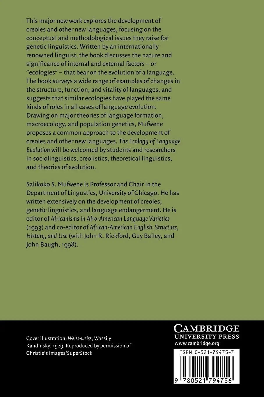 Rückseite: 9780521794756 | The Ecology of Language Evolution | Salikoko S. Mufwene (u. a.) | Buch