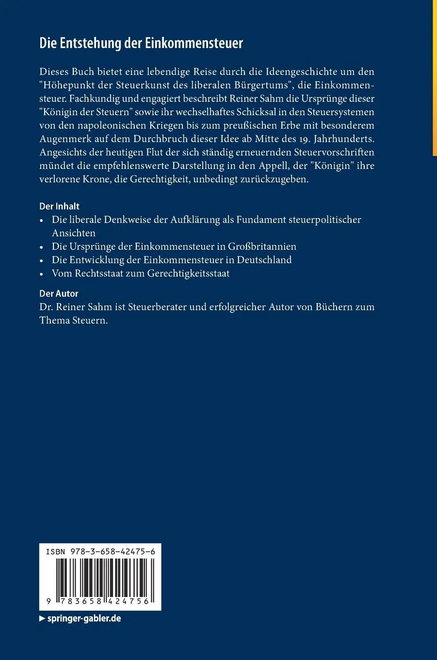 Rückseite: 9783658424756 | Die Entstehung der Einkommensteuer | Reiner Sahm | Buch | viii | 2023
