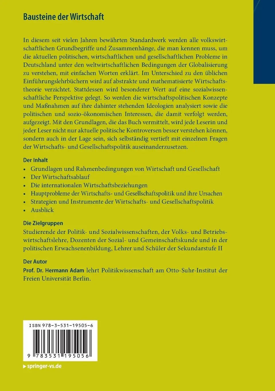 Rückseite: 9783531195056 | Bausteine der Wirtschaft | Eine Einführung | Hermann Adam | Buch