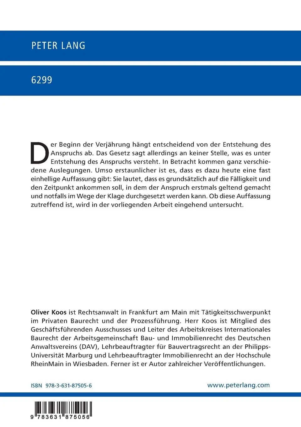 Rückseite: 9783631875056 | Die Entstehung des Anspruchs als Anknüpfungspunkt für den Beginn...