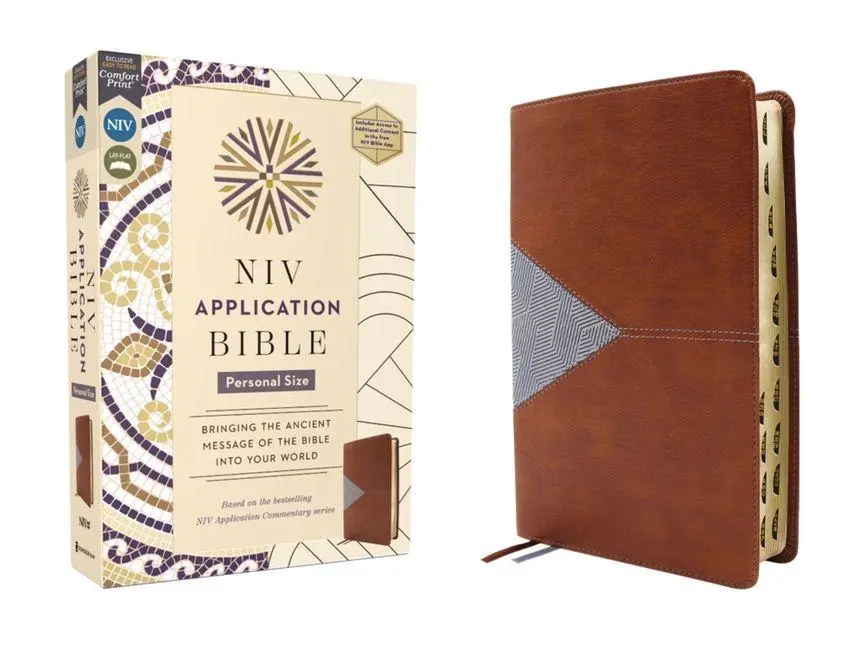 Cover: 9780310465256 | NIV Application Bible, Personal Size, Leathersoft, Brown/Blue, Red...