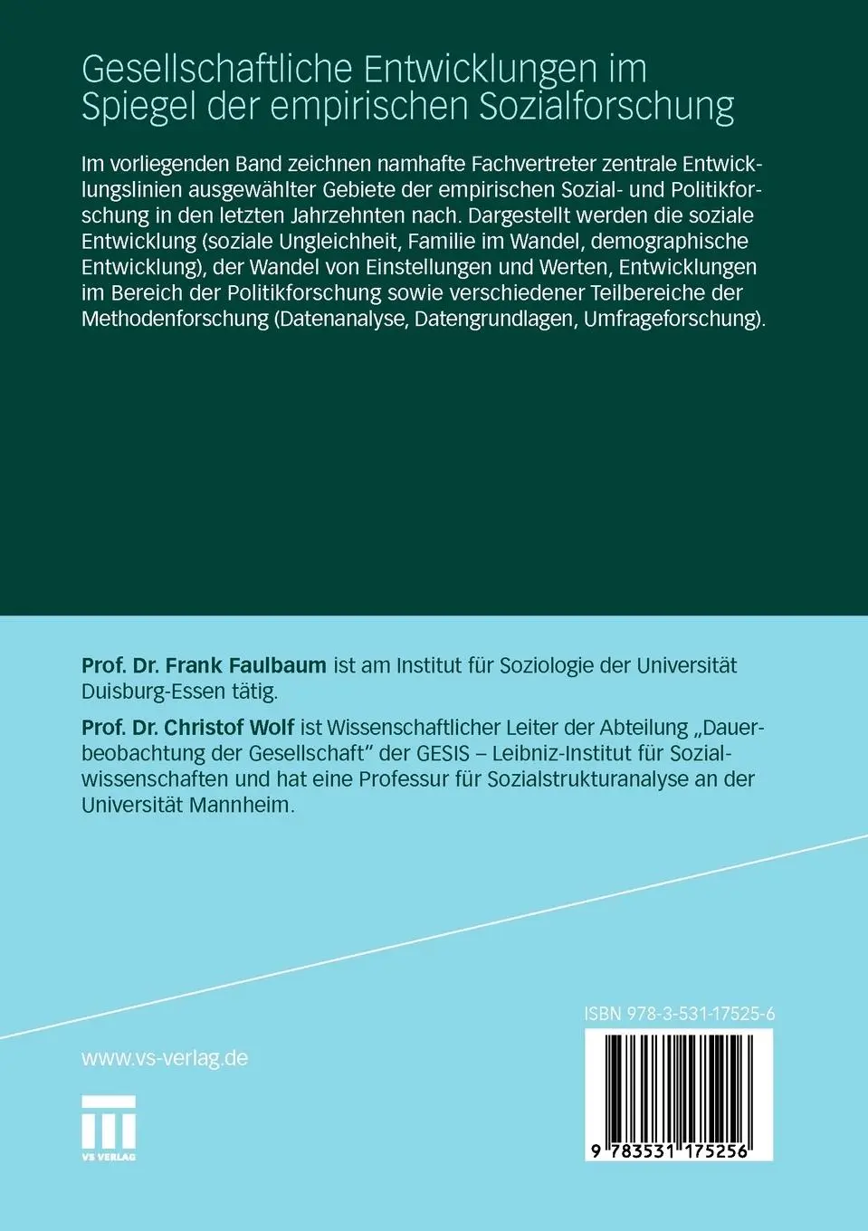 Rückseite: 9783531175256 | Gesellschaftliche Entwicklungen im Spiegel der empirischen...