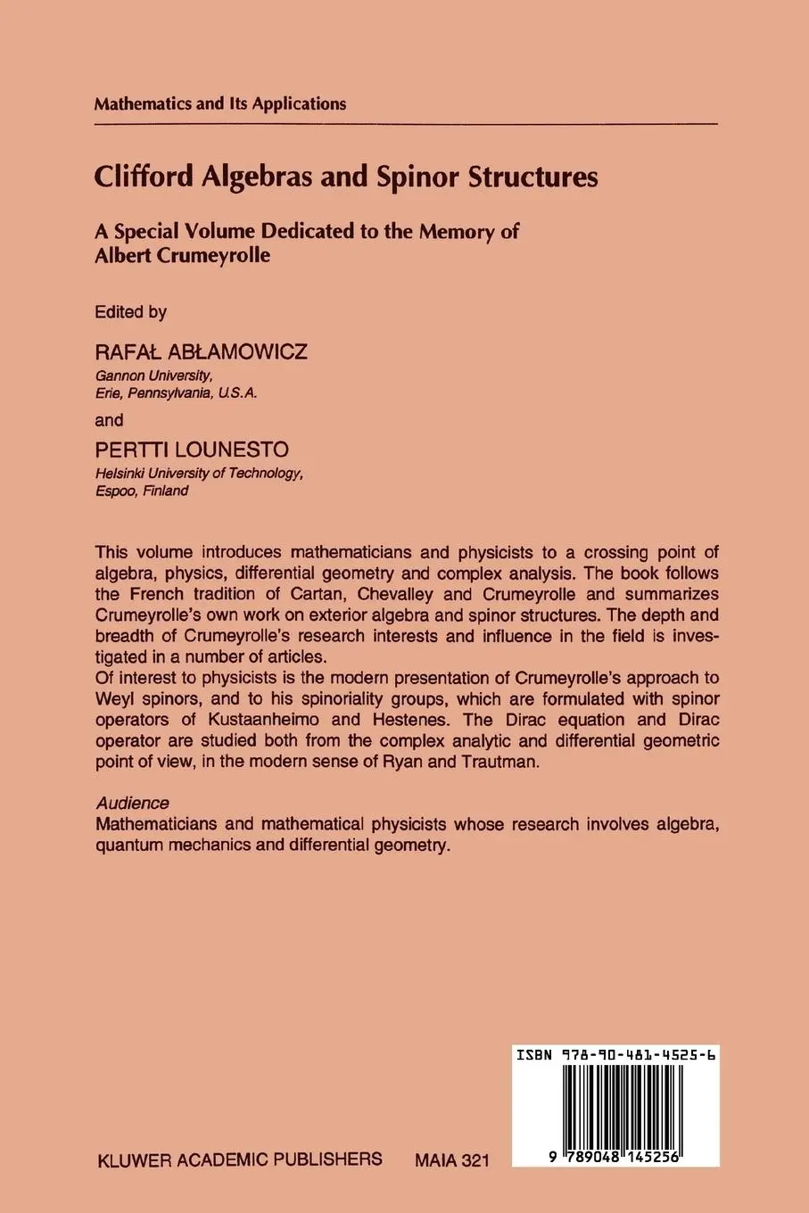 Rückseite: 9789048145256 | Clifford Algebras and Spinor Structures | Rafal Ablamowicz (u. a.)