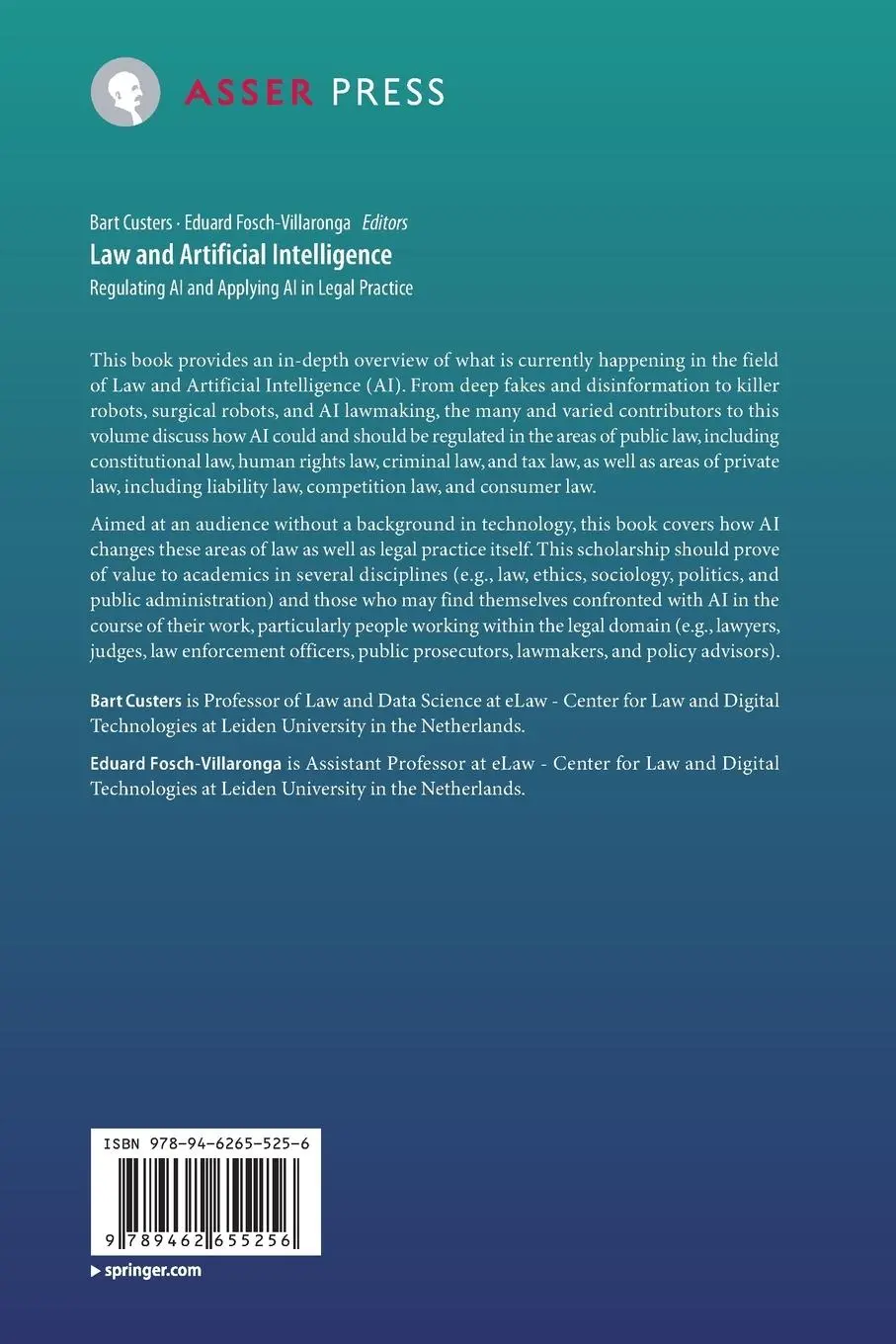 Rückseite: 9789462655256 | Law and Artificial Intelligence | Eduard Fosch-Villaronga (u. a.)