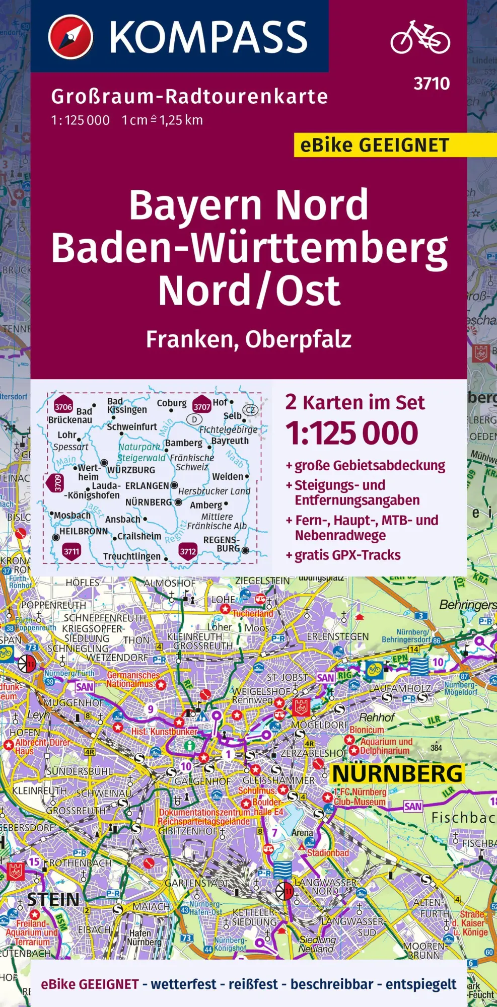 Cover: 9783991215356 | KOMPASS Großraum-Radtourenkarte 3710 Bayern Nord, Baden-Württemberg...