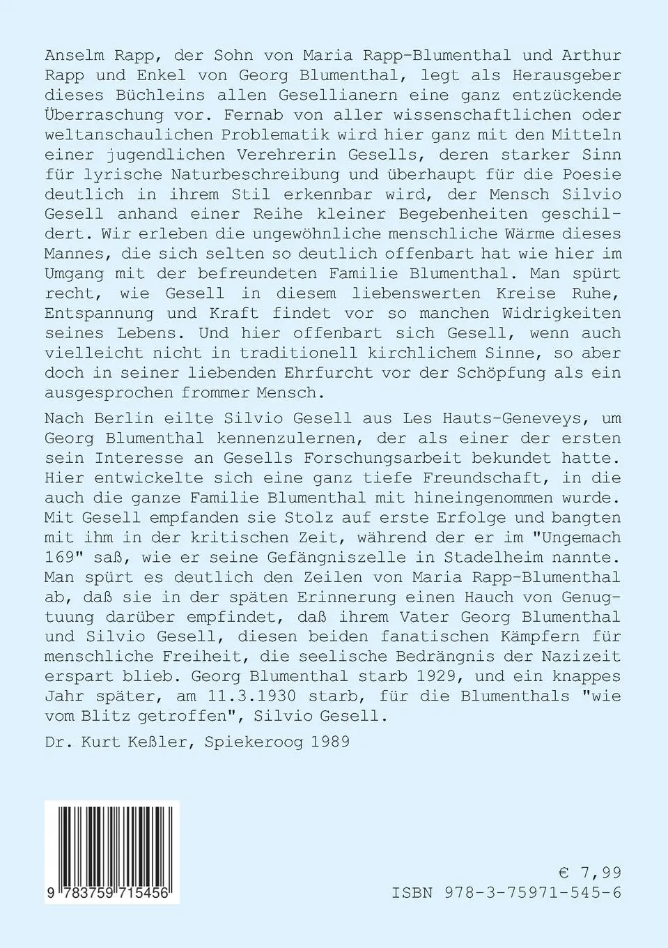 Rückseite: 9783759715456 | Erinnerungen an Silvio Gesell und Georg Blumenthal | Rapp-Blumenthal