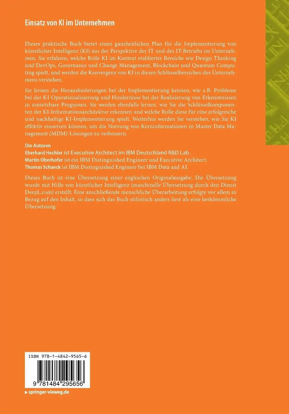 Rückseite: 9781484295656 | Einsatz von KI im Unternehmen | Eberhard Hechler (u. a.) | Taschenbuch