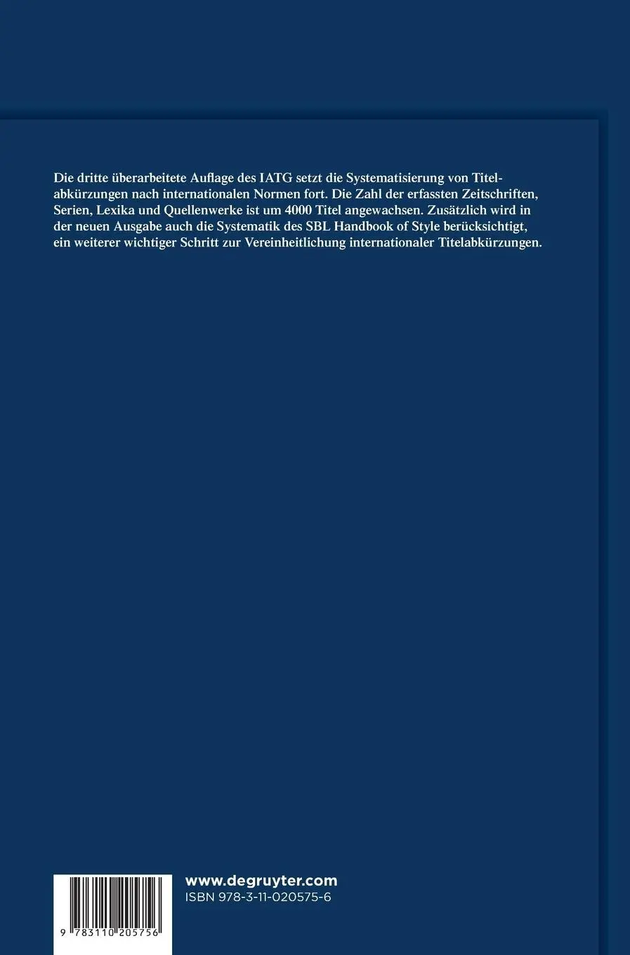 Rückseite: 9783110205756 | IATG³. Internationales Abkürzungsverzeichnis für Theologie und...
